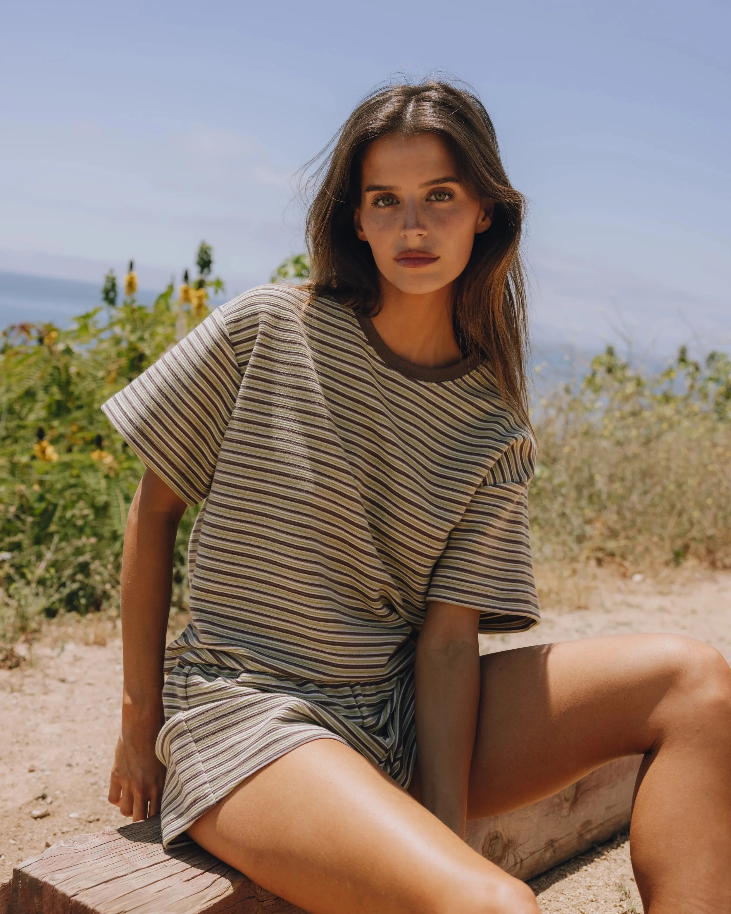 Striped Ribbed Relaxed Tee - Matcha + Mocha