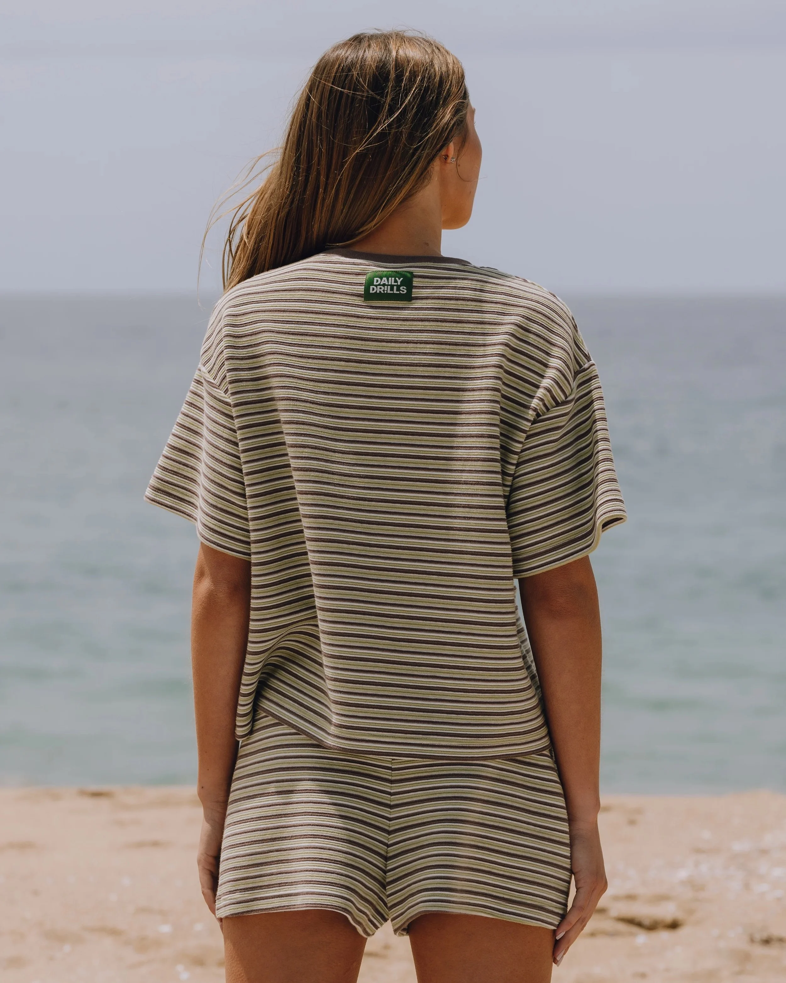 Striped Ribbed Relaxed Tee - Matcha + Mocha