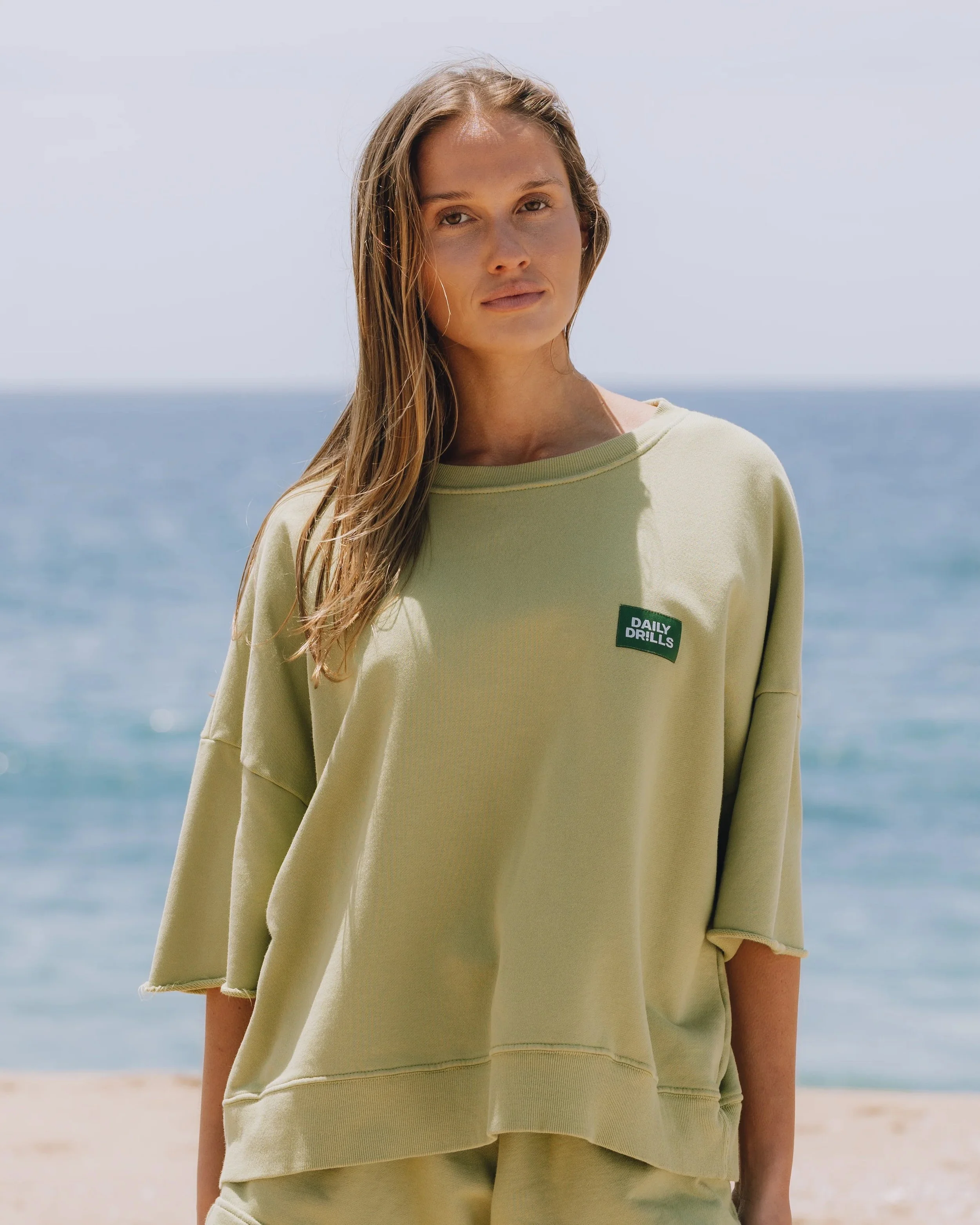 Cropped Sleeve Patch Crew - Matcha