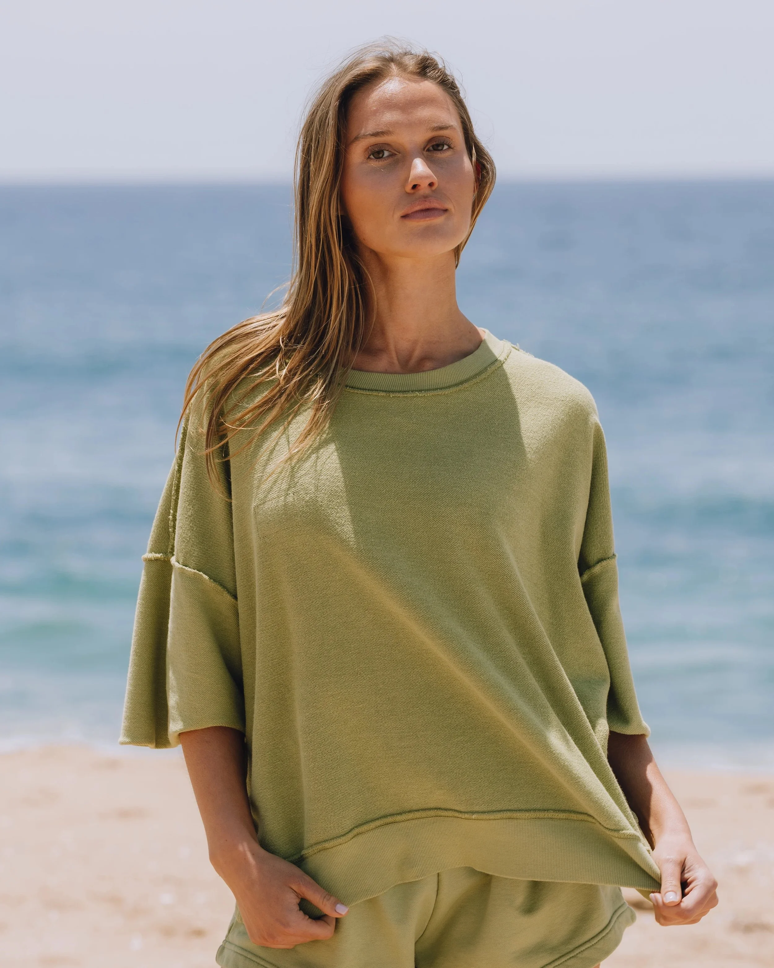 Cropped Sleeve Patch Crew - Matcha