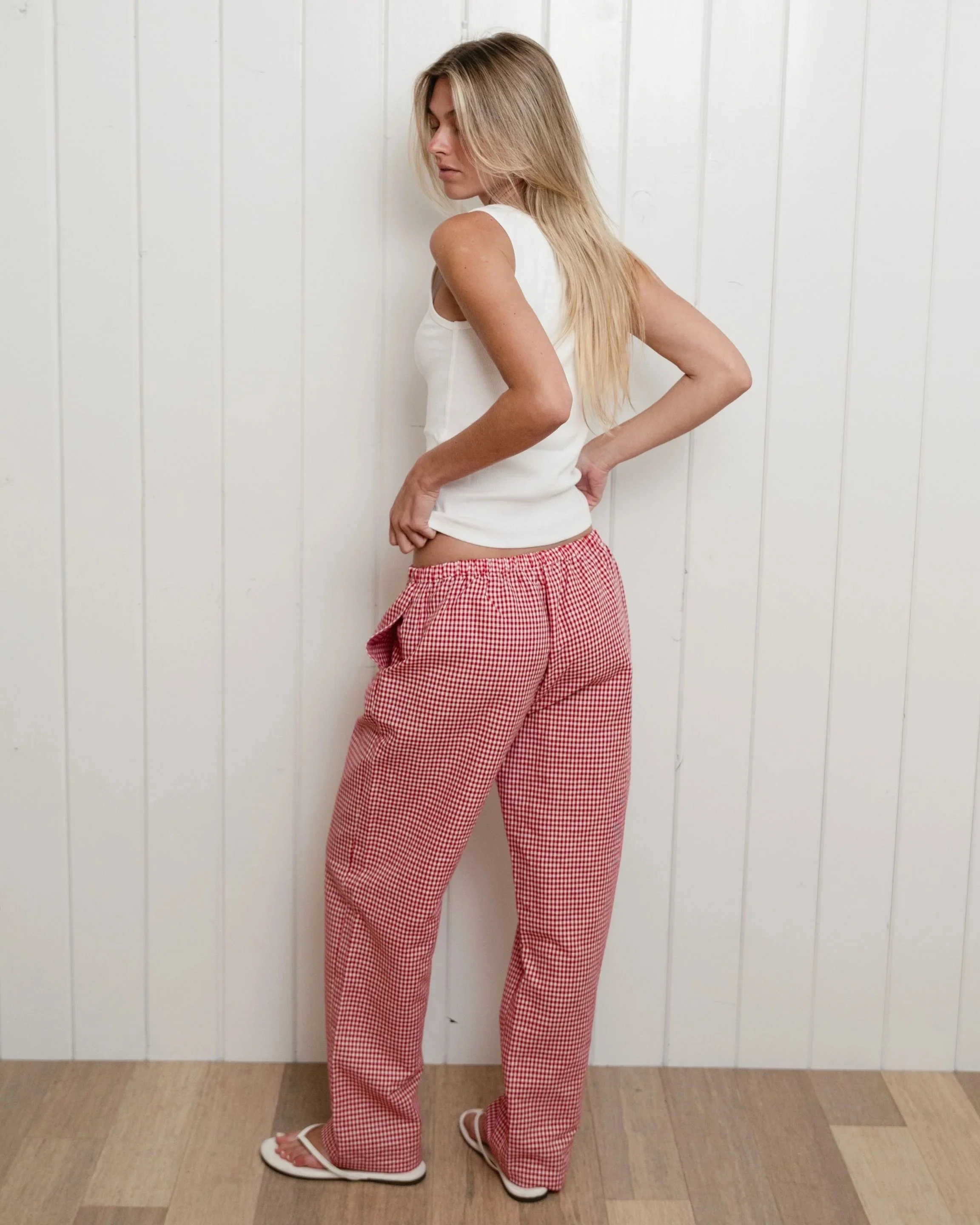 Gingham Linen Pants - Red