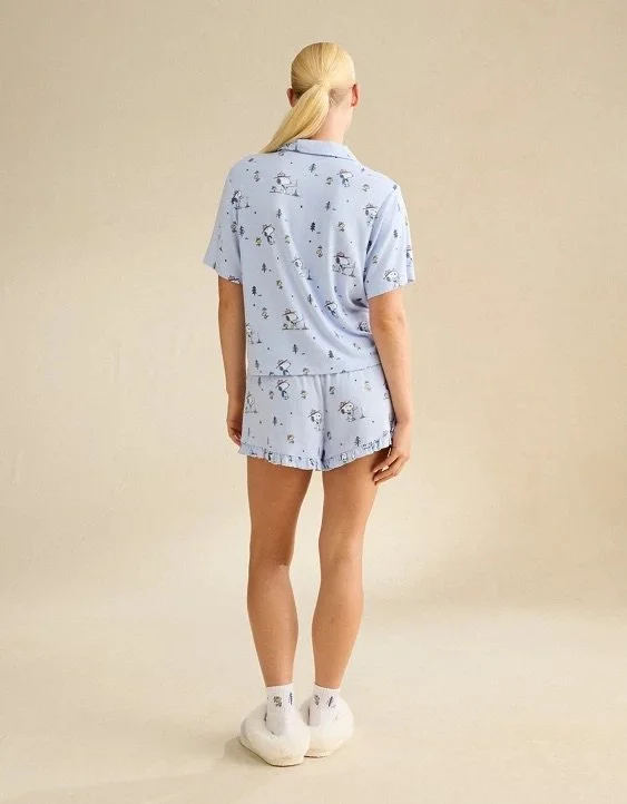AE Snoopy Luxe Plush Button-Up PJ Set - Blue