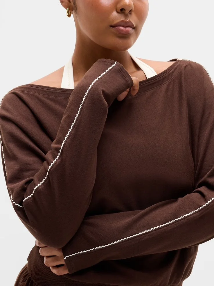 Airy Cotton Terry Boatneck Picot Sweatshirt