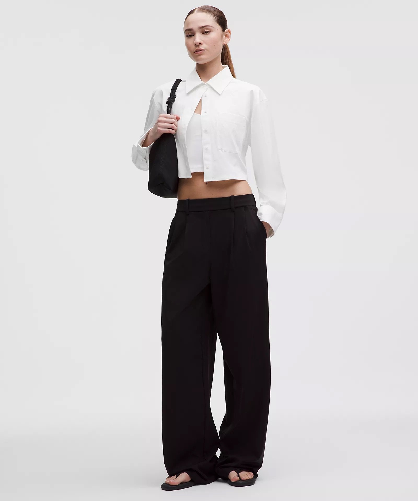 Woven Cropped Button-Up Long-Sleeve Shirt