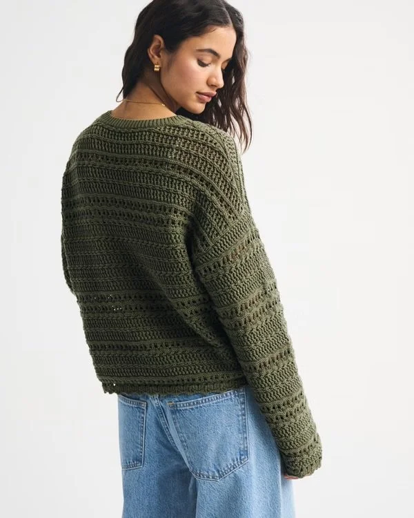 Open-Stitch Textural Crew Sweater 