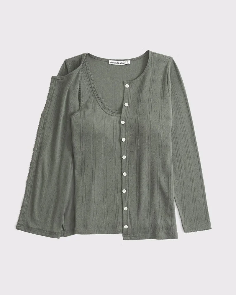 Bra-Free 3/4 Sleeve Pointelle Cardigan Tank Set