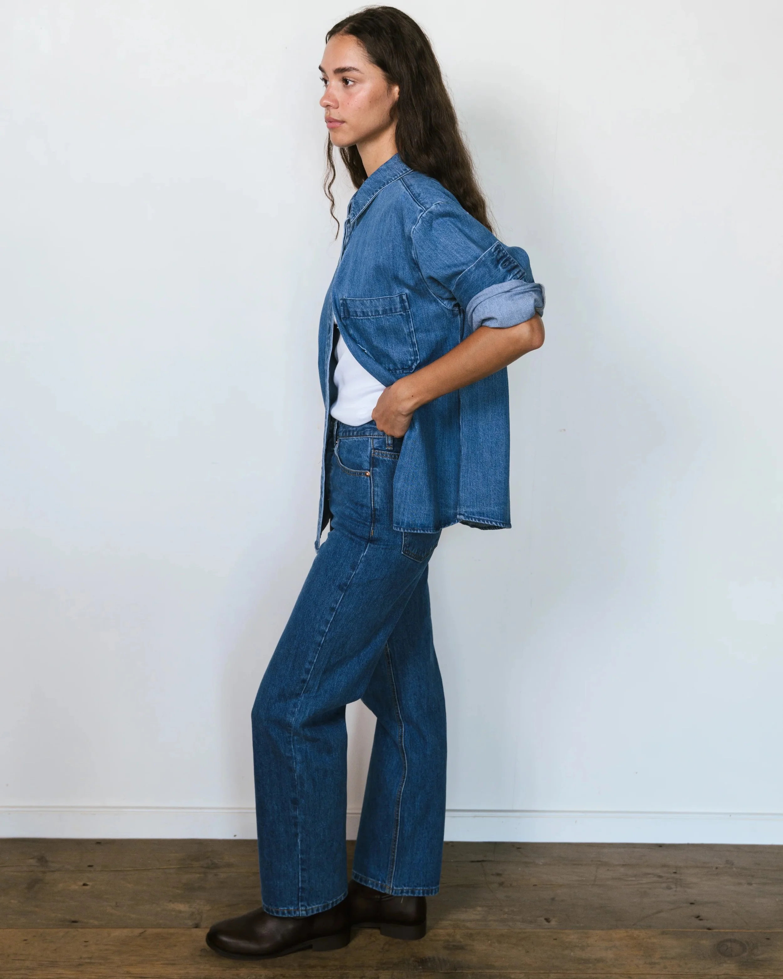 Long Sleeve Denim Shirt - Medium Wash