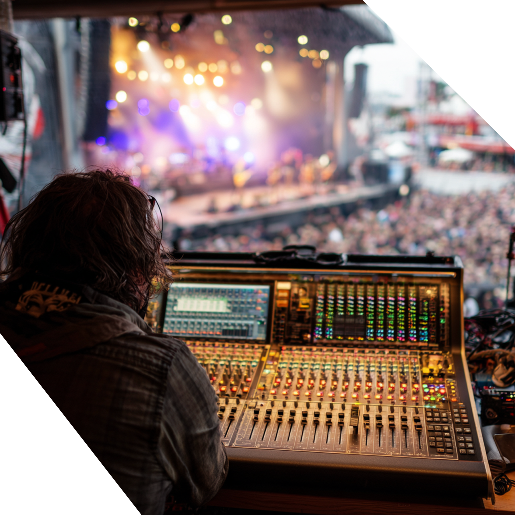 Sound engineer working at a large mixing console on a concert stage, with a blurry view of a live music performance and an audience in the background.