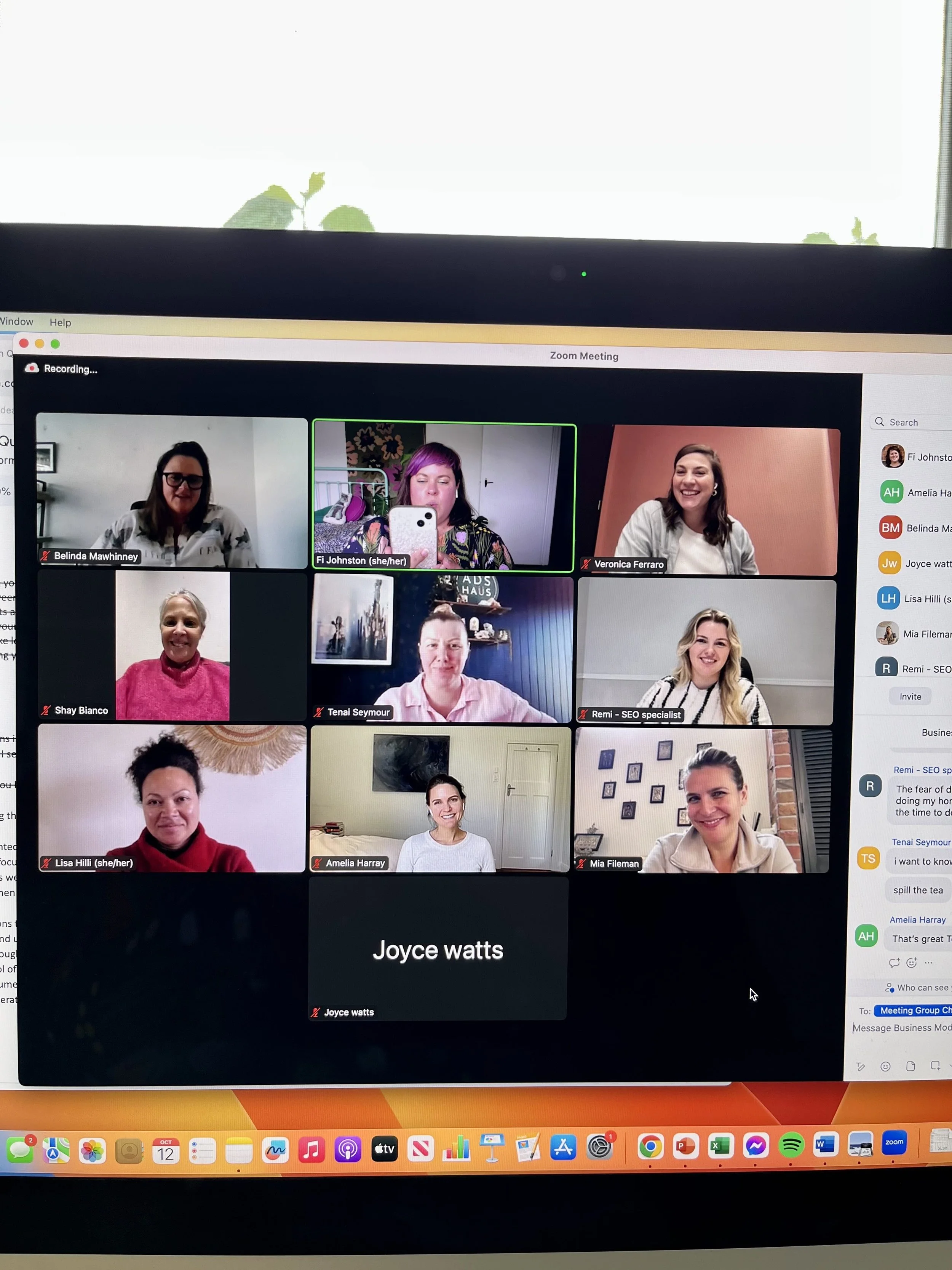 Computer screen displaying a Zoom video call with nine participants and two blacked-out names, showing their faces and chat messages on the right side.