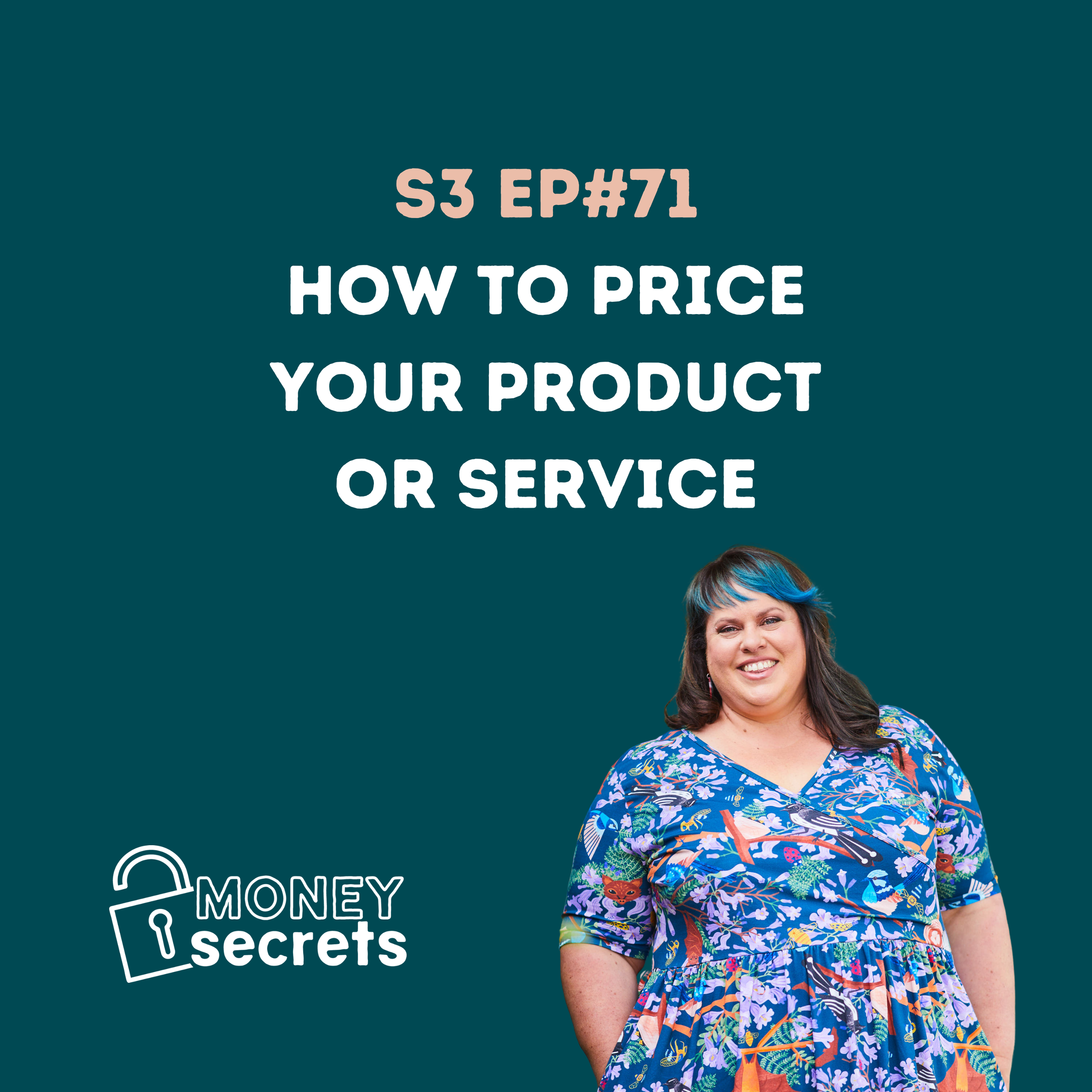 Podcast cover featuring Fi Johnston with the title "How to Price Your Product or Service" on a teal background.