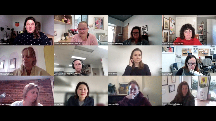 Screenshot of a virtual meeting with 12 women in individual video call windows, some wearing glasses, in various indoor settings.