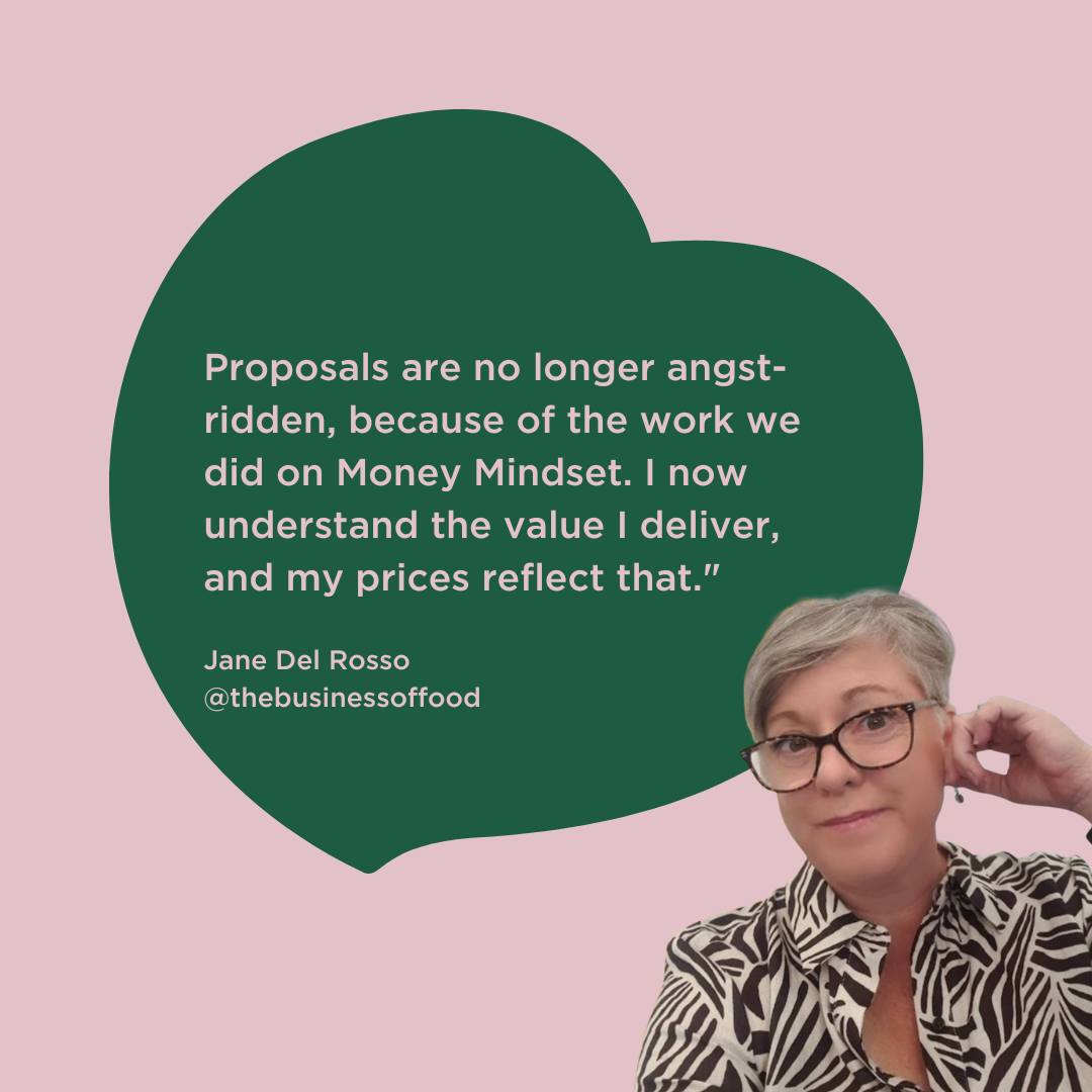 A woman with short gray hair and glasses, wearing a black and white zebra print shirt, is smiling and adjusting her glasses. Beside her is a green speech bubble with a quote about proposals and Money Mindset by Jane Del Rosso, against a pink backgrou
