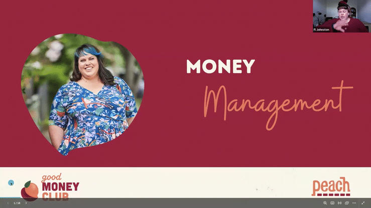 A woman with dark hair and a colorful blue patterned dress smiling outdoors, with a PowerPoint slide titled "Money Management" and a small logo of a peach with the text "good MONEY CLUB" in the bottom left corner.