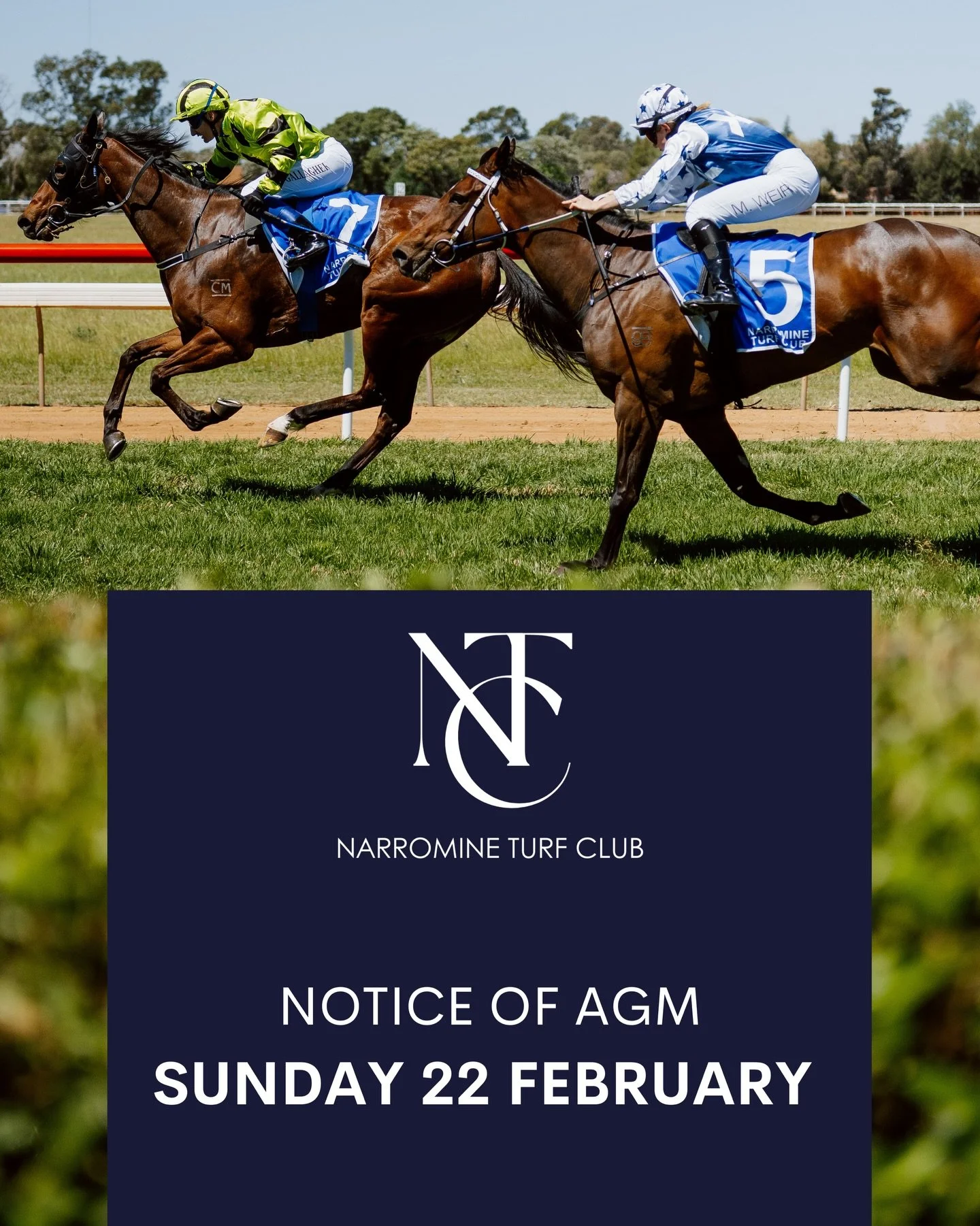 Narromine Turf Club provide notice of the Annual General Meeting to be held on Sunday 22 February 2026.

The meeting is open to current financial members of the Club.

DATE: Sunday 22 February 2026
TIME: 2pm
VENUE: Dining Room, Narromine Turf Club