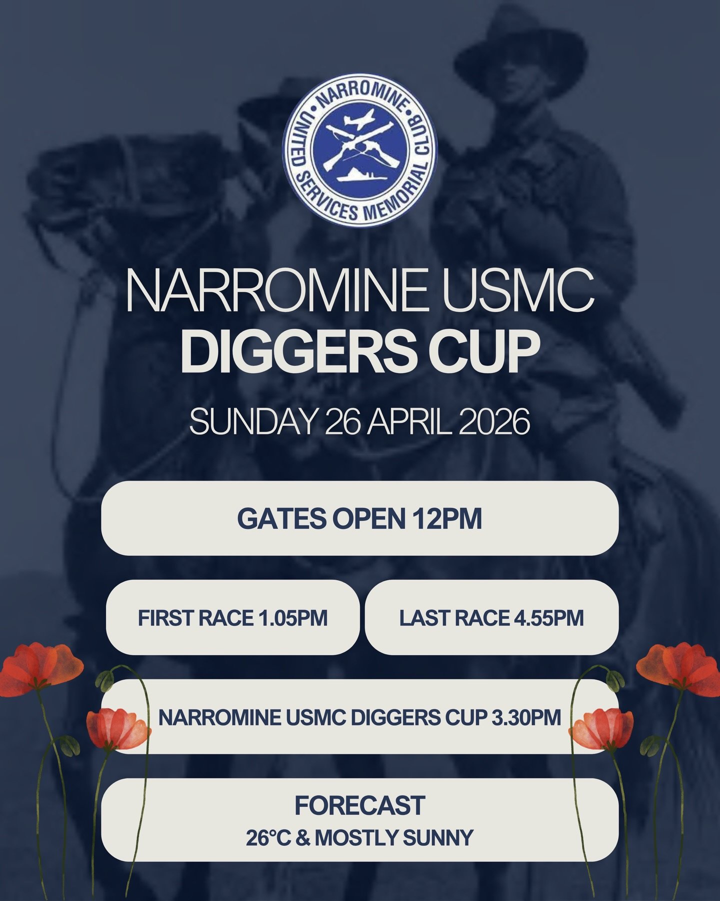 We&rsquo;re set for a huge day trackside at the Narromine USMC Diggers Cup 🇦🇺🌺

Join us this tomorrow, 26 April for a great day of country racing.

Gates open from 12PM
First race jumps at 1:05PM
🏆 Diggers Cup at 3:30PM

With a top forecast of 26