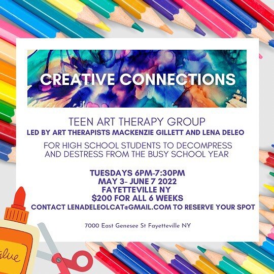 New upcoming Art Therapy group led by myself and fellow art therapist @arttherapysyracuse!

An art therapy group for teens 13+ who could use a break from the busy-ness of school and social media and a safe place to process it all.

This will be a clo