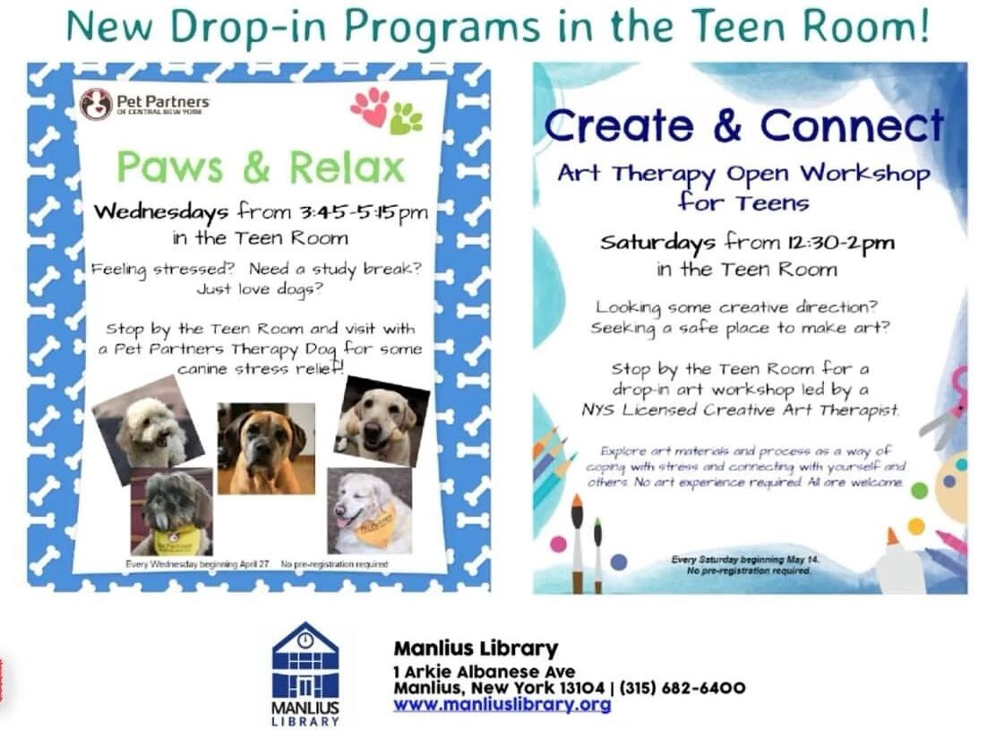 Our Teen Art Therapy workshop is still happening at Manlius library! Stop in and see me today for a creative break and a safe space to chat 😌