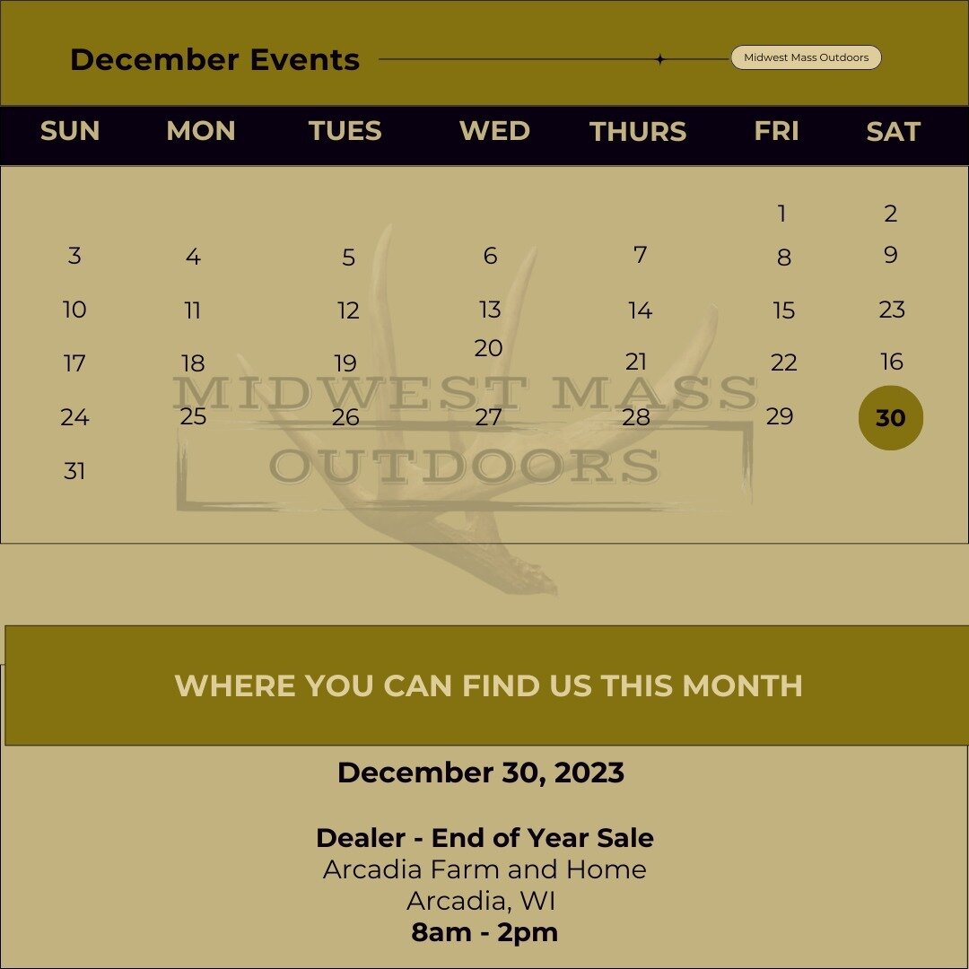Catch us at a December 2023 Event. 🦌

#mmo #midwestmassoutdoors #mnhunting #hunting #wihunting #iowahunting #deerseason #deermineral #foodplots #deerattractant @arcadiafarmhome