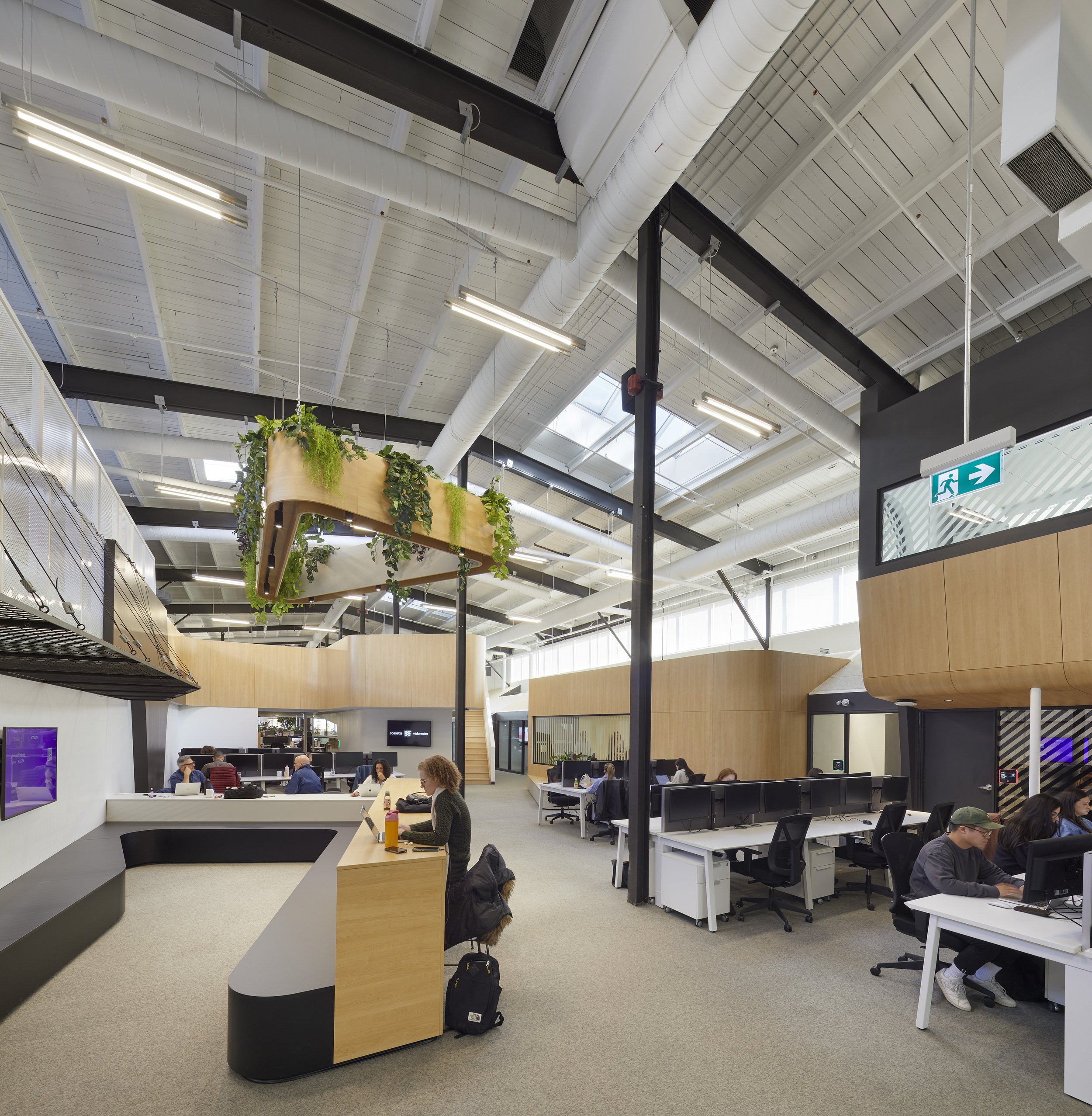 Work space desks with an overhanging planter and wall panelling.