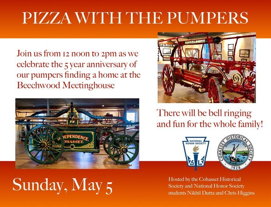 Pizza 🍕 with the Pumpers is only 2 weeks away please join us! We&rsquo;ll be there from noon to 2pm Sunday May 5th to celebrate the restoration of these amazing hand engines  and their arrival back to our Beechwood Meetinghouse and Museum 5️⃣ years 