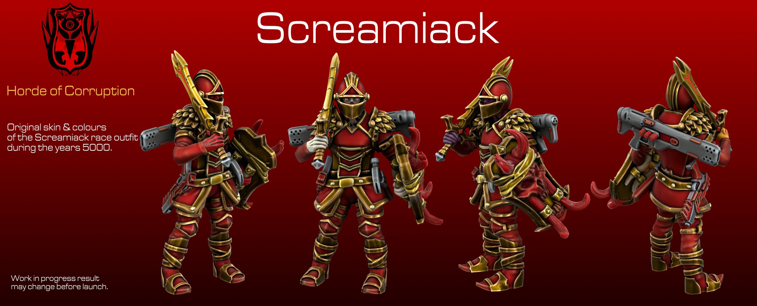 Planet Warz, Screamiack, Concept art of a fictional character called Screamiaack, showcasing a red and gold armored outfit with various weaponry and details. It is labeled "Horde of Corruption" and displays the outfit against a red background.