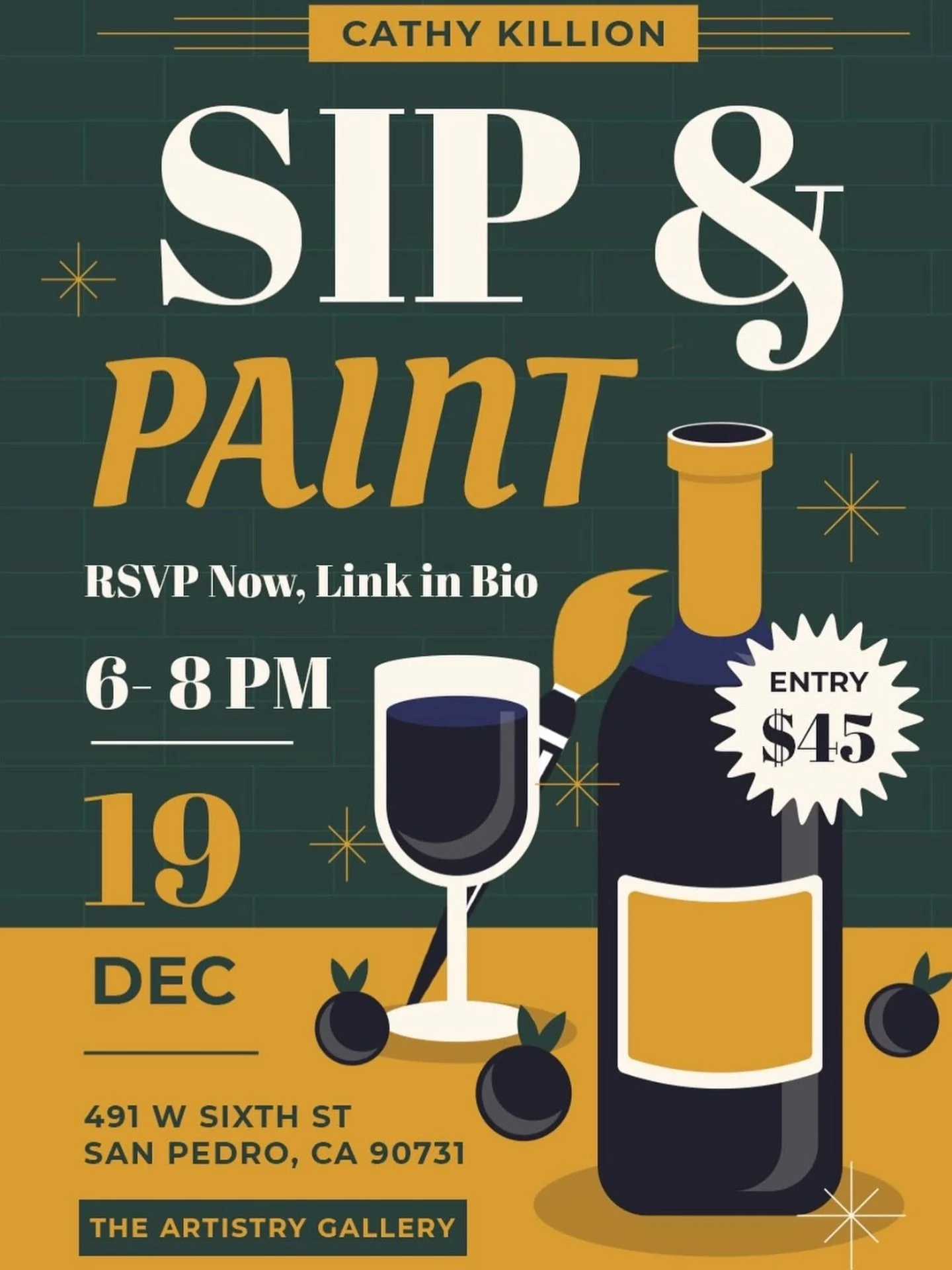 Join us for the relaxed, guided sip and paint evening with artist Cathy Killion inside The Artistry Gallery. Enjoy wine, creative flow, and a welcoming space designed for beginners and experienced painters alike.