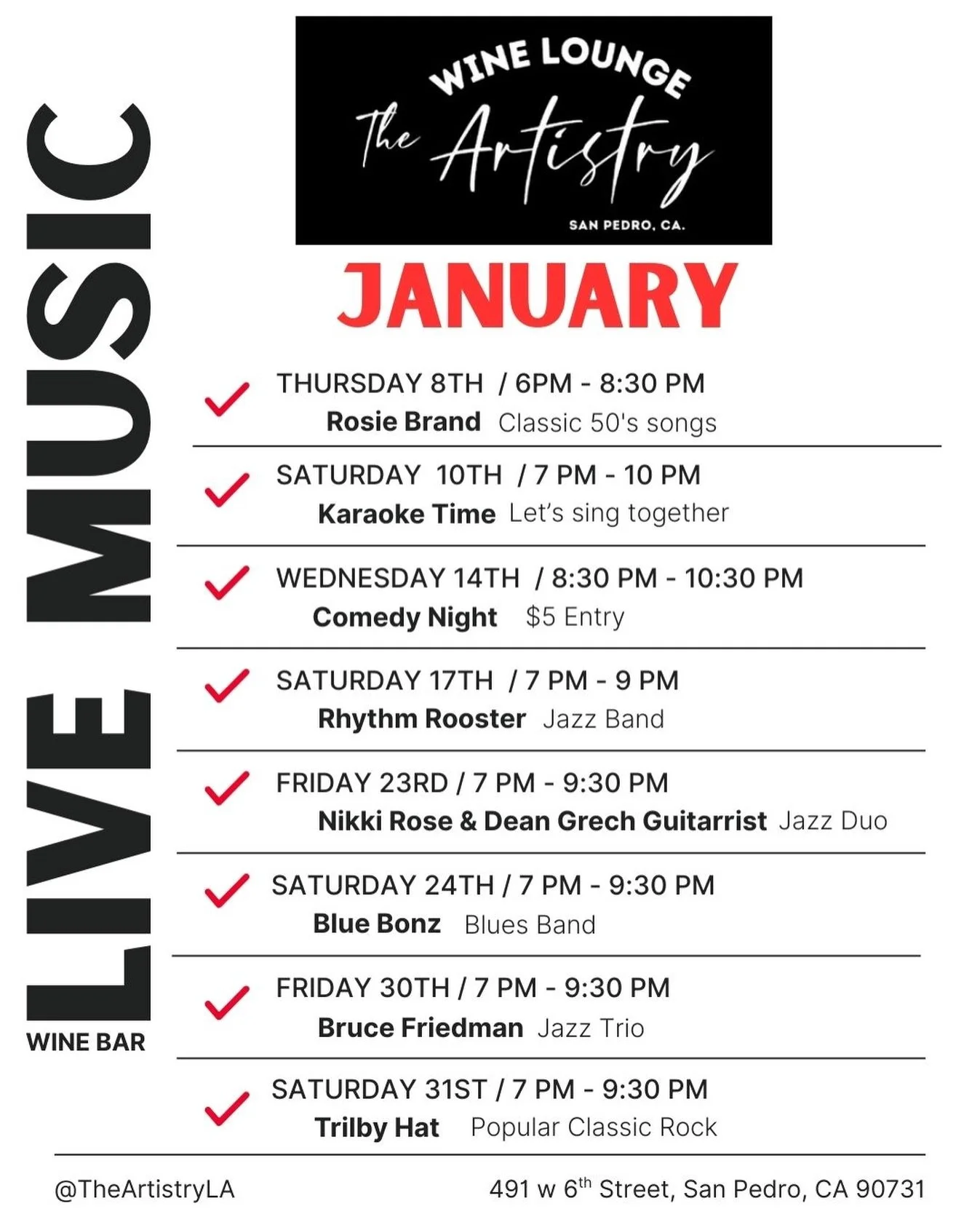 January ✨ Schedule Events

Live Music
Comedy Show
Karaoke Time
&amp; More&hellip;