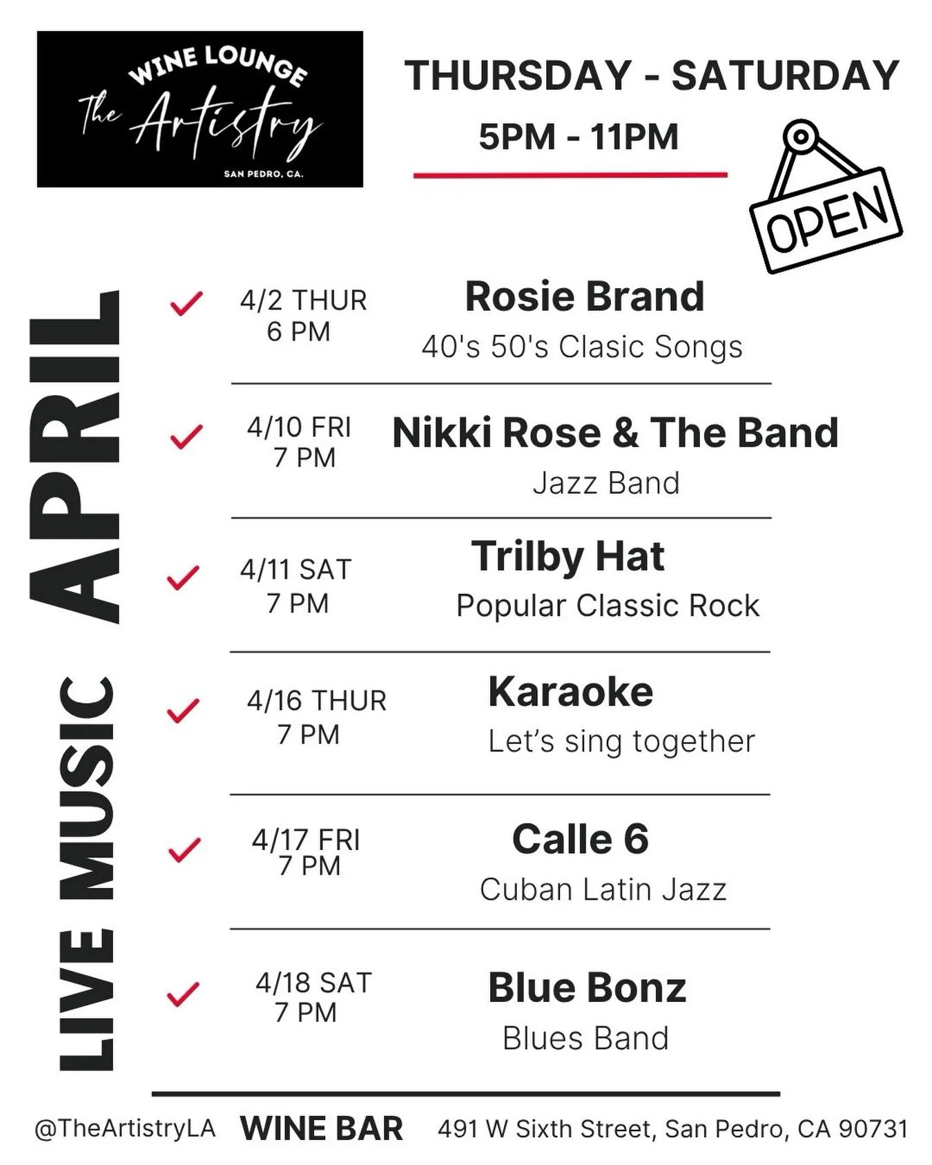 Join Us This April 🎶

Lineup Live Music &hellip; Doors Open 5pm