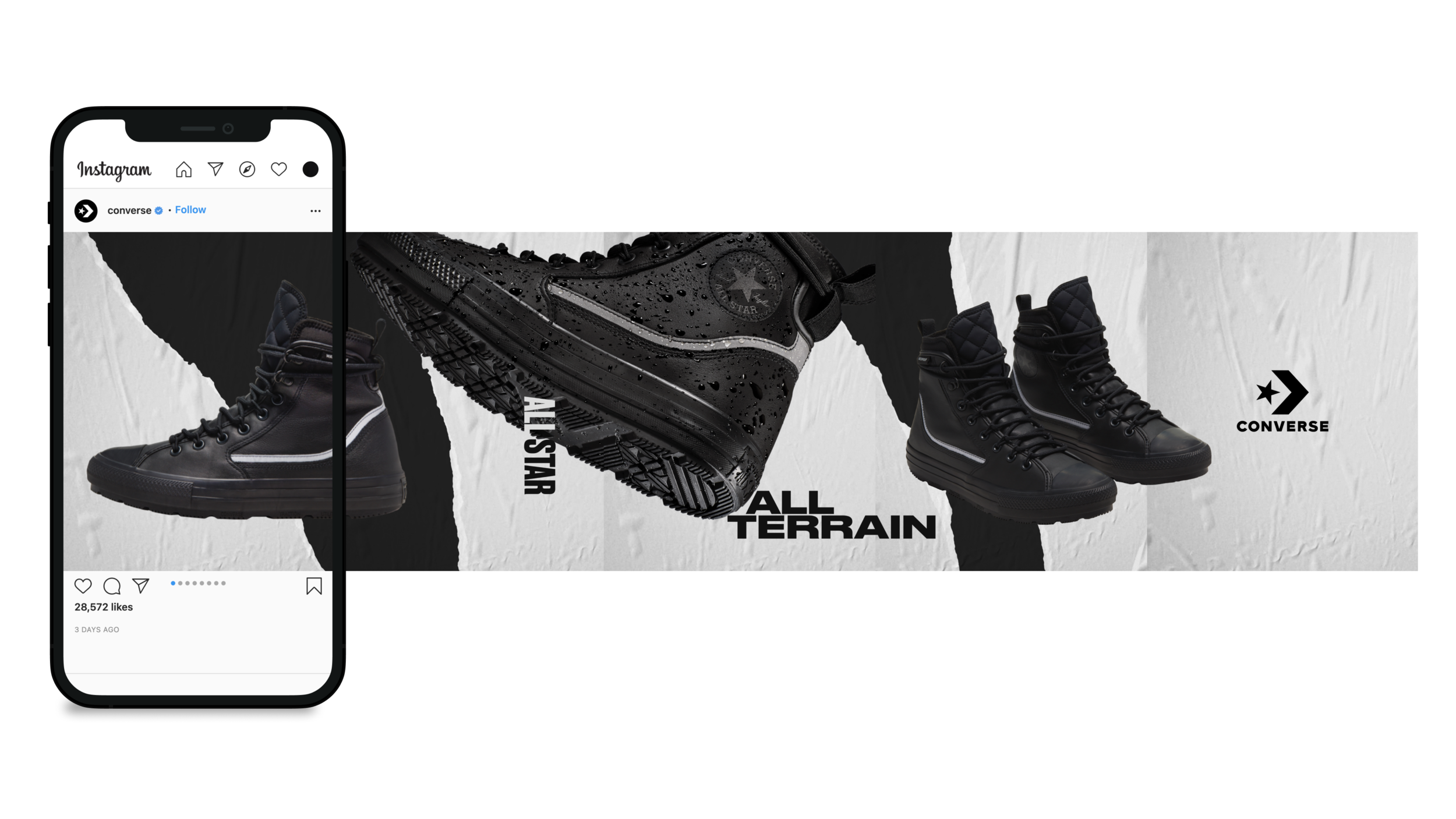 Black high-top sneakers with white accents, water droplets on the surface, showcased in a digital advertisement with a black and white background and the words 'ALL STAR' and 'ALL TERRAIN' in bold text.