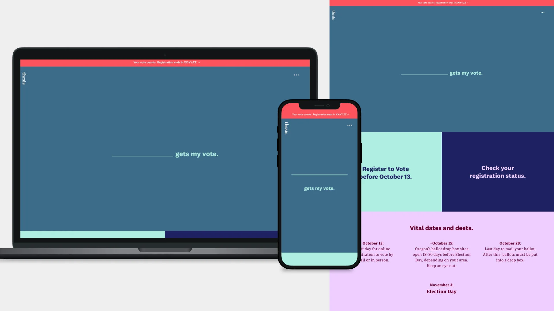 A website displayed on a laptop and a mobile phone screen with an interface related to voting registration and status updates, featuring text about vote counts, registration deadlines, and election dates, with a color scheme of blue, red, teal, purple, and pink.