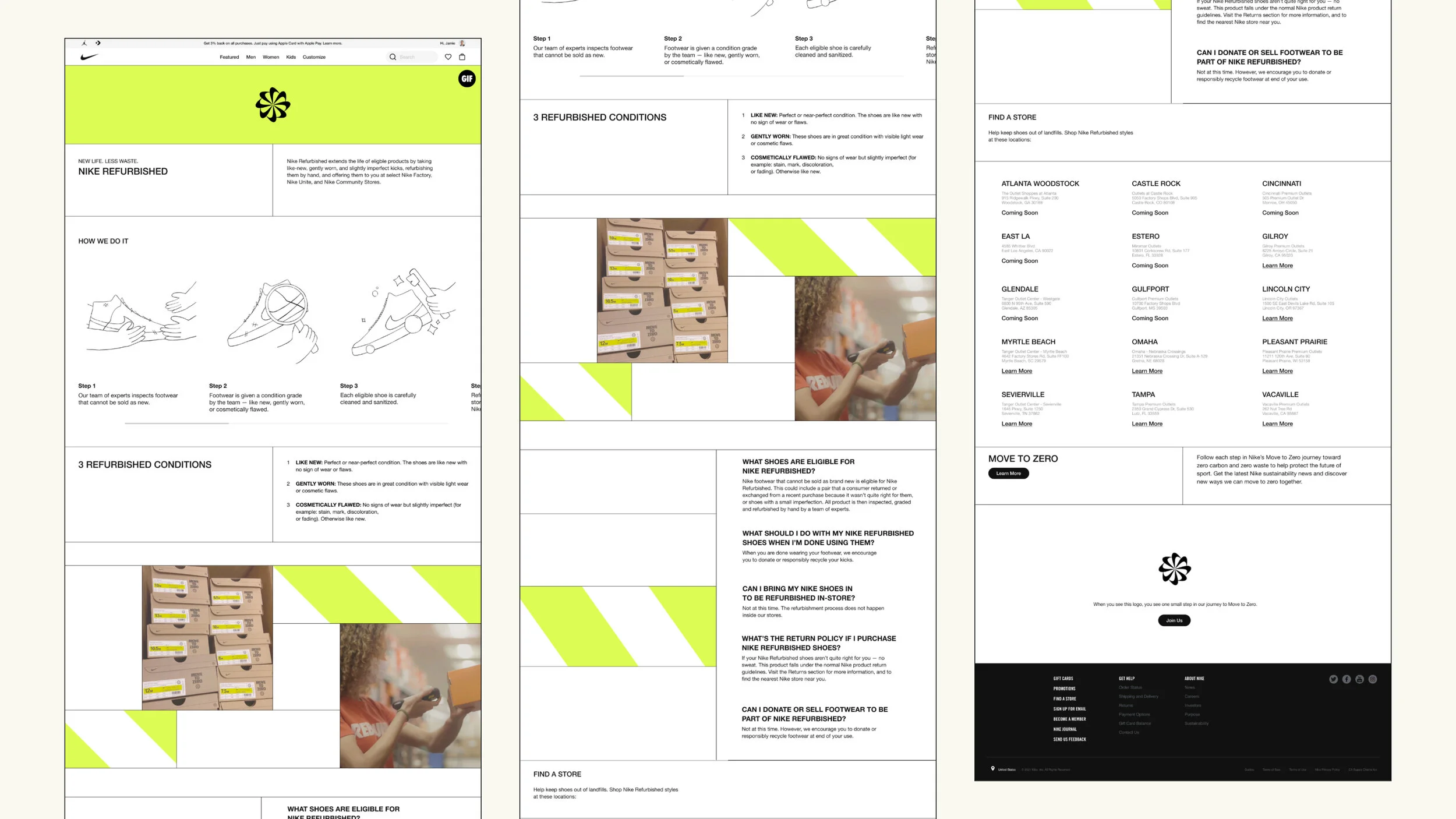 Three pages of a Nike refurbished footwear program brochure, featuring instructions, conditions, and store locations for purchasing or selling refurbished shoes, with graphics and photos of shoeboxes and a person shopping.