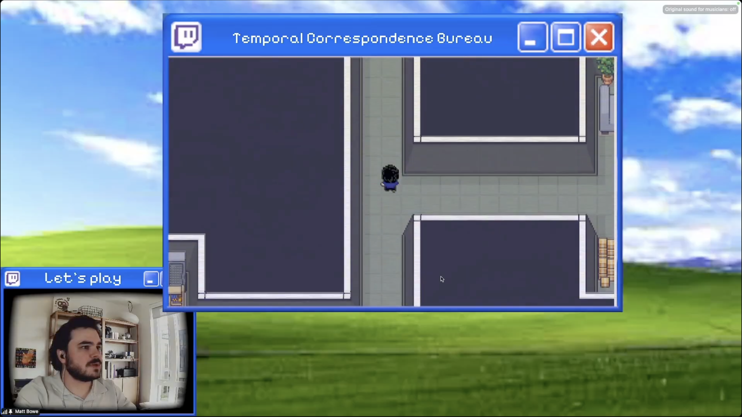Computer screen displaying a Twitch gameplay stream with a pixel art game titled 'Temporal Correspondence Bureau' and a live webcam of a man with dark hair and a beard in a room with a bookshelf, next to a Windows XP desktop background.