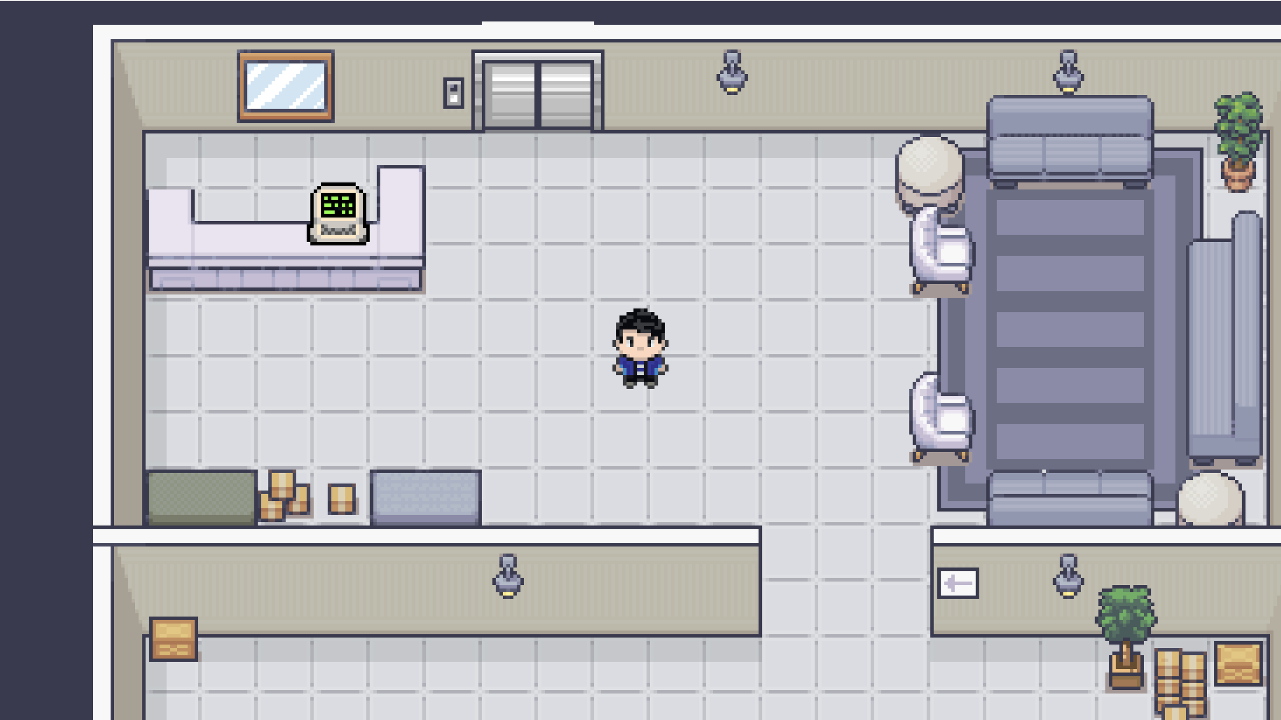 Pixel art image of a man in business attire standing in a modern office lobby with tile flooring, a reception desk, and sitting area with chairs, plants, and wall-mounted lamps.