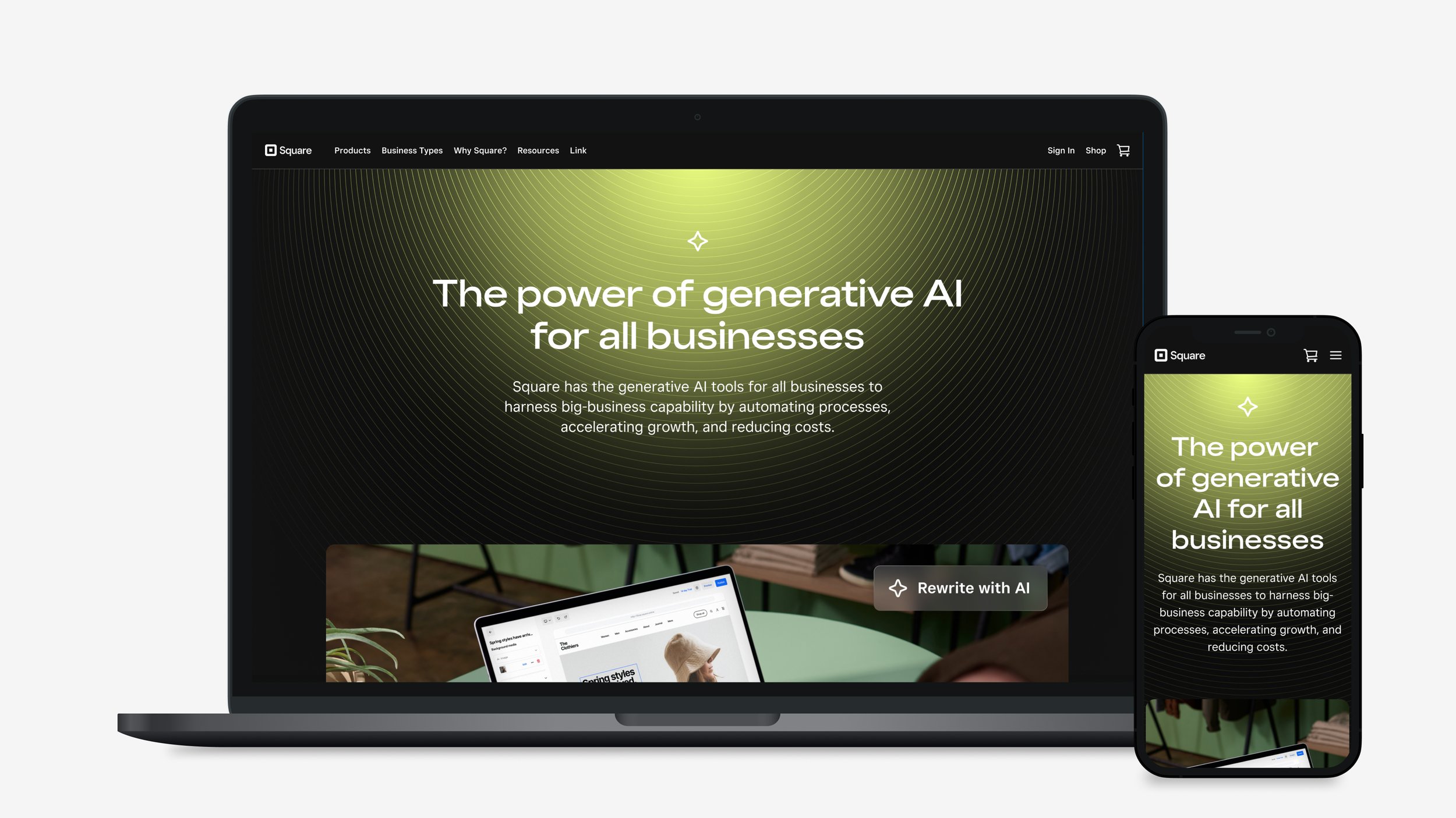 Laptop and smartphone displaying a website with the headline "The power of generative AI for all businesses" and a green and black background.