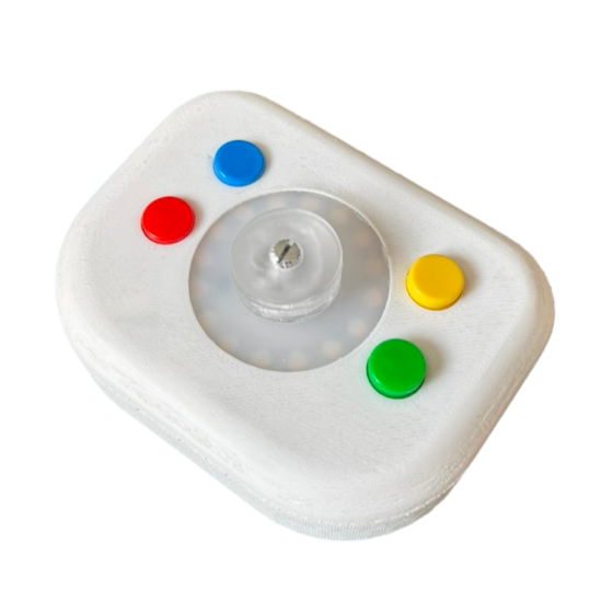 LOOOPS - A small white plastic device with a clear central dial and four colorful circular buttons (red, blue, yellow, green) around it.