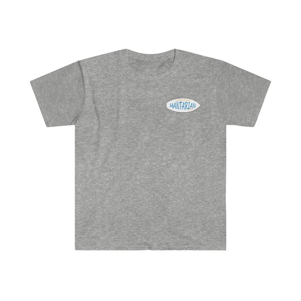 Grey T-shirt with a small oval patch on the left chest reading "MANTARLAN" in blue text.
