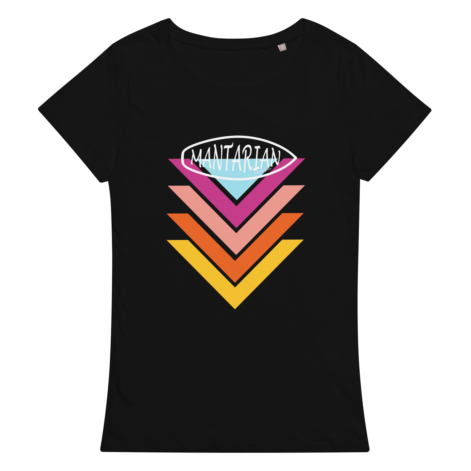 Black T-shirt featuring a colorful geometric design with the word 'MANTARIAN' inside a stylized eye at the top, and layered chevron shapes in purple, pink, orange, and yellow.