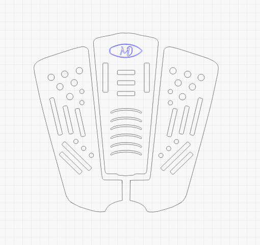 Hand-drawn sketch of a remote control with the brand logo 'MD' at the top and various buttons and controls.