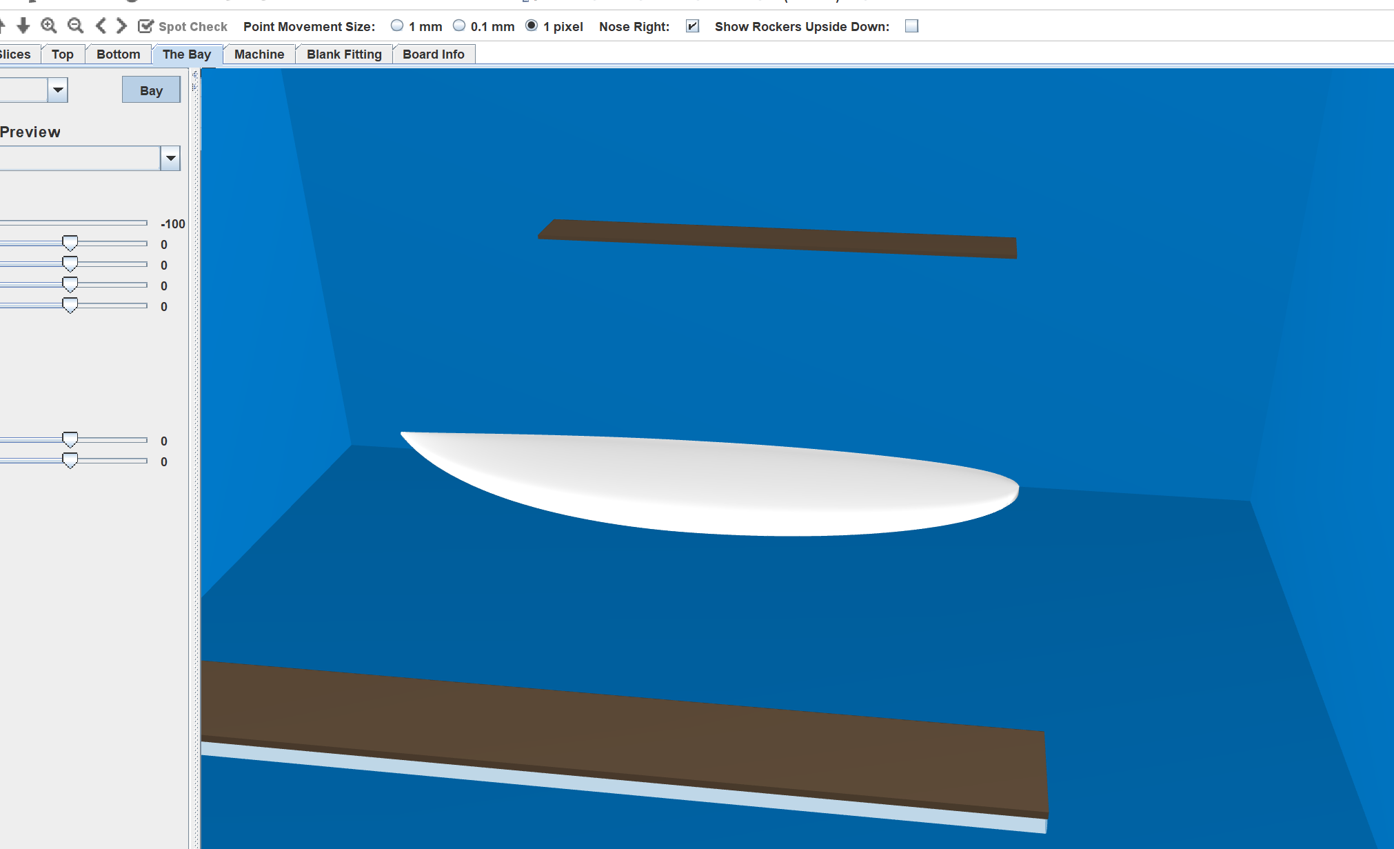 Screenshot of a computer interface displaying 3D modeling with two brown horizontal panels and one white curved panel in a blue room.