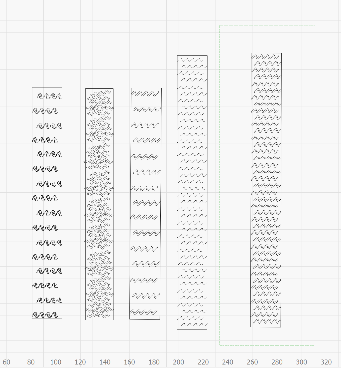 Graph with six vertical bars, each filled with wavy line patterns, varying in complexity and height.