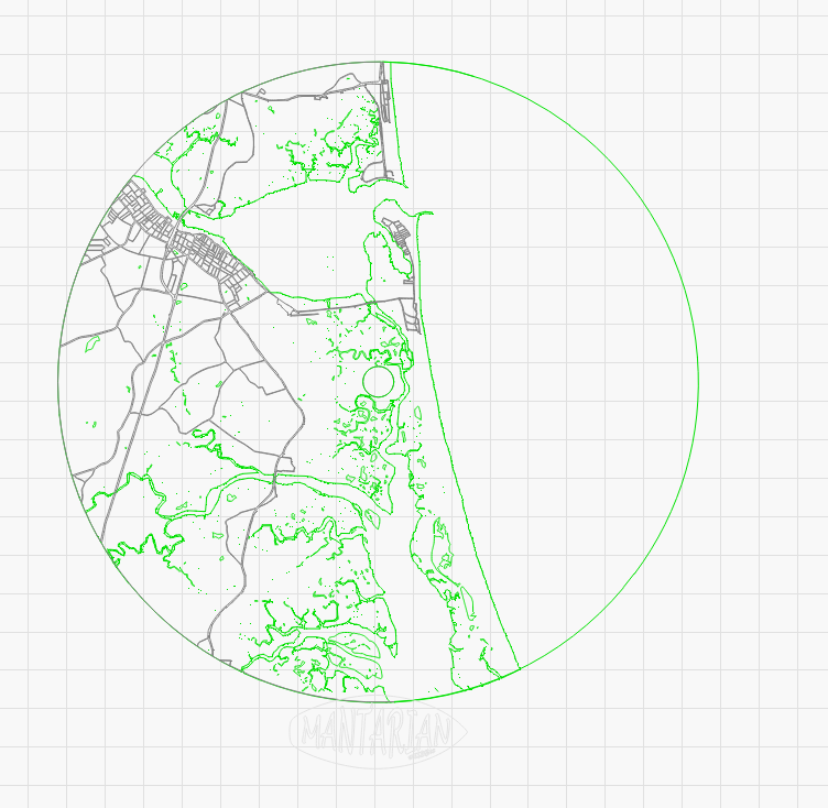 A nautical chart depicting a coastal area with roads, green terrain, and a circular grid overlay.