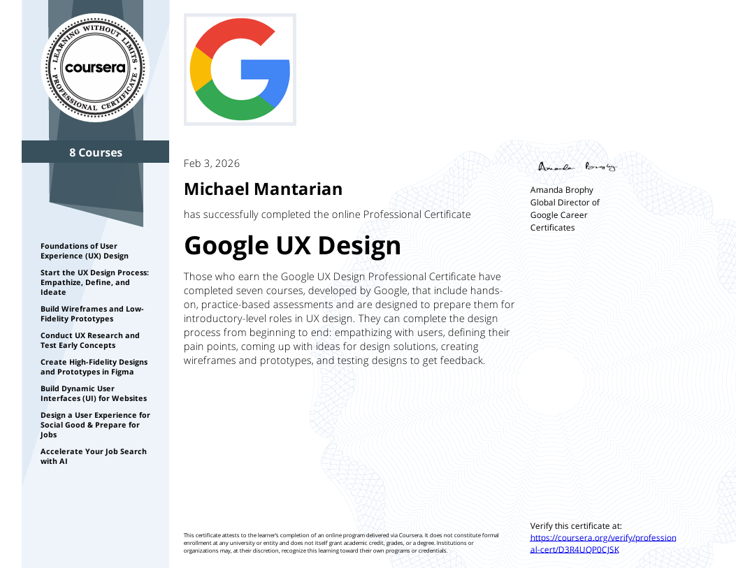 Digital certificate from Coursera for completing Google UX Design course, with logos of Coursera and Google, and a list of course topics on the left.