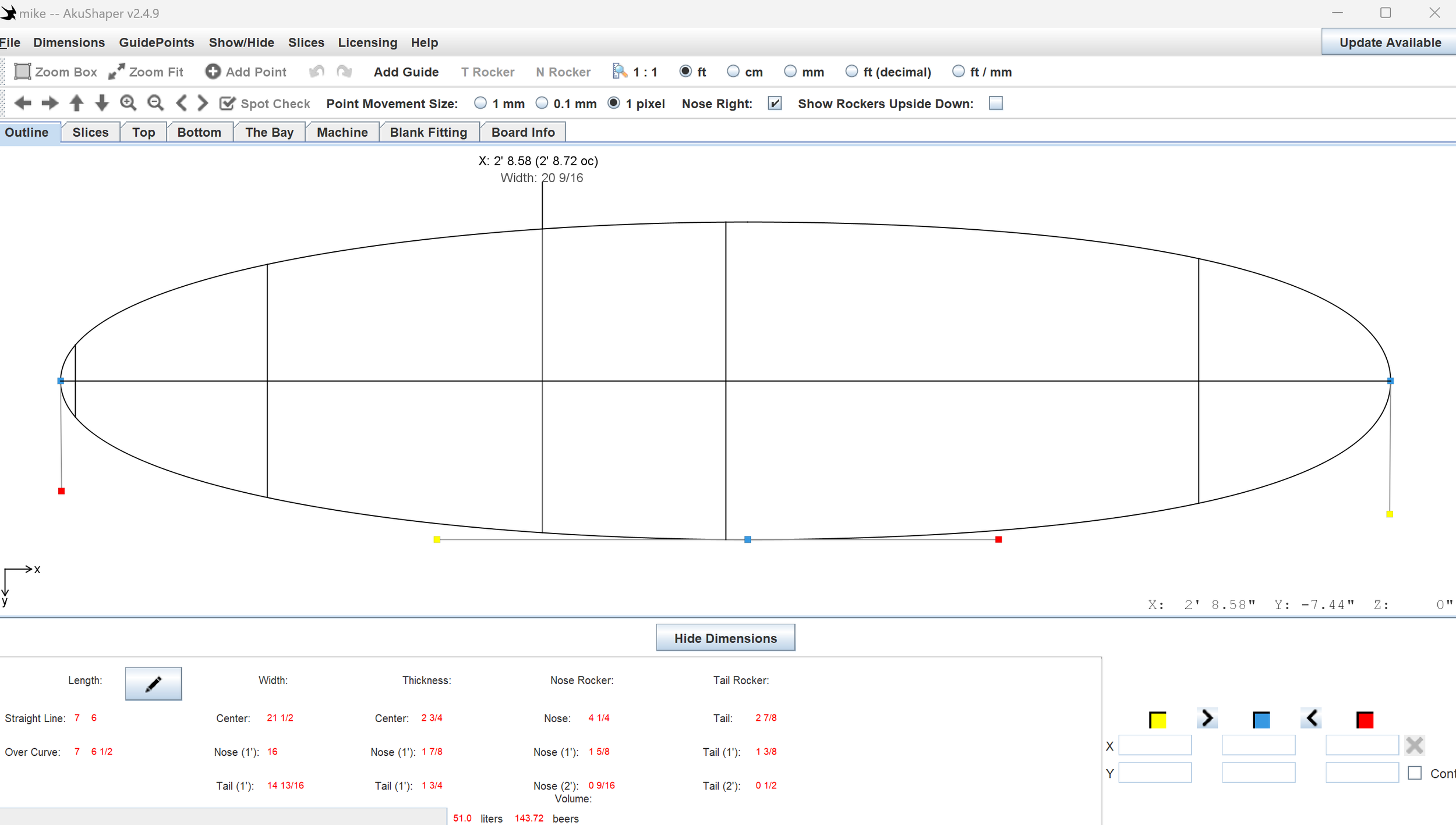 Screenshot of a boat planning design software showing an outline of a boat hull with measurements and guide points, labeled with various dimensions and details.