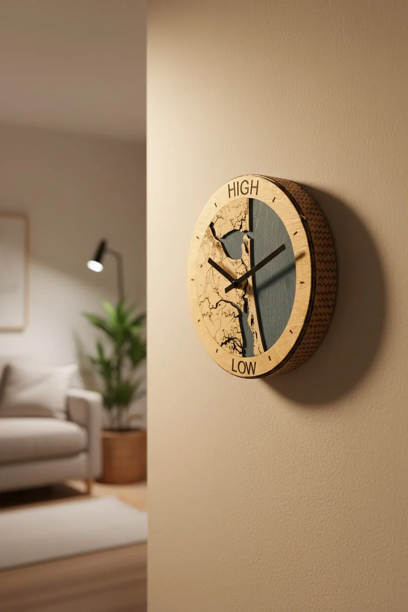 Decorative wooden wall clock with high and low temperature indicators in a living room.