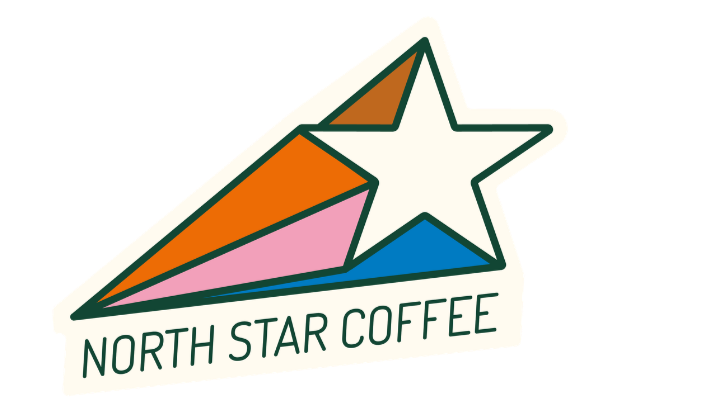 Logo for North Star Coffee featuring a stylized shooting star with a colorful trail.