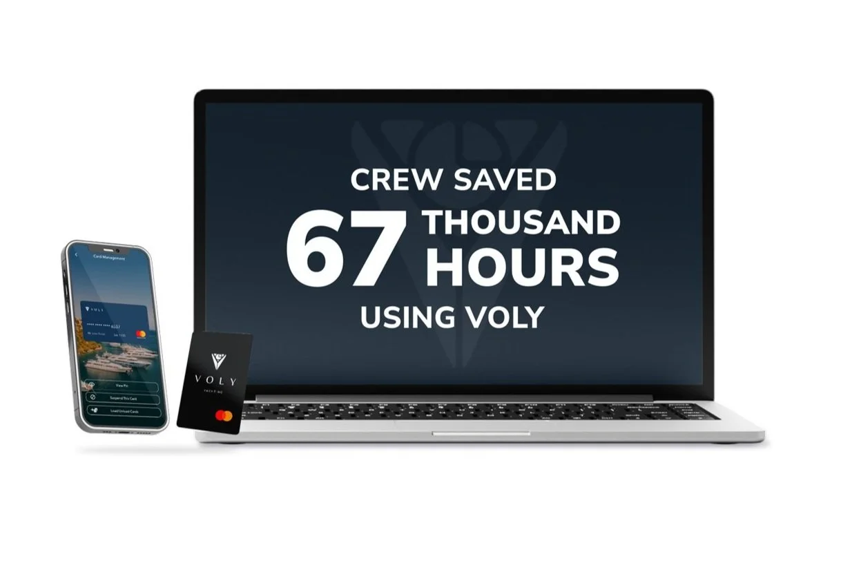 Laptop screen displaying a message about crew saving 67 thousand hours using Voly, with a smartphone and a credit card beside it.