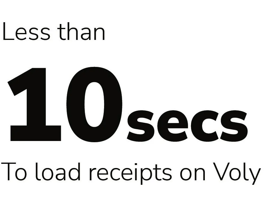 Text-based sign indicating that less than 10 seconds is needed to load receipts on Voly.