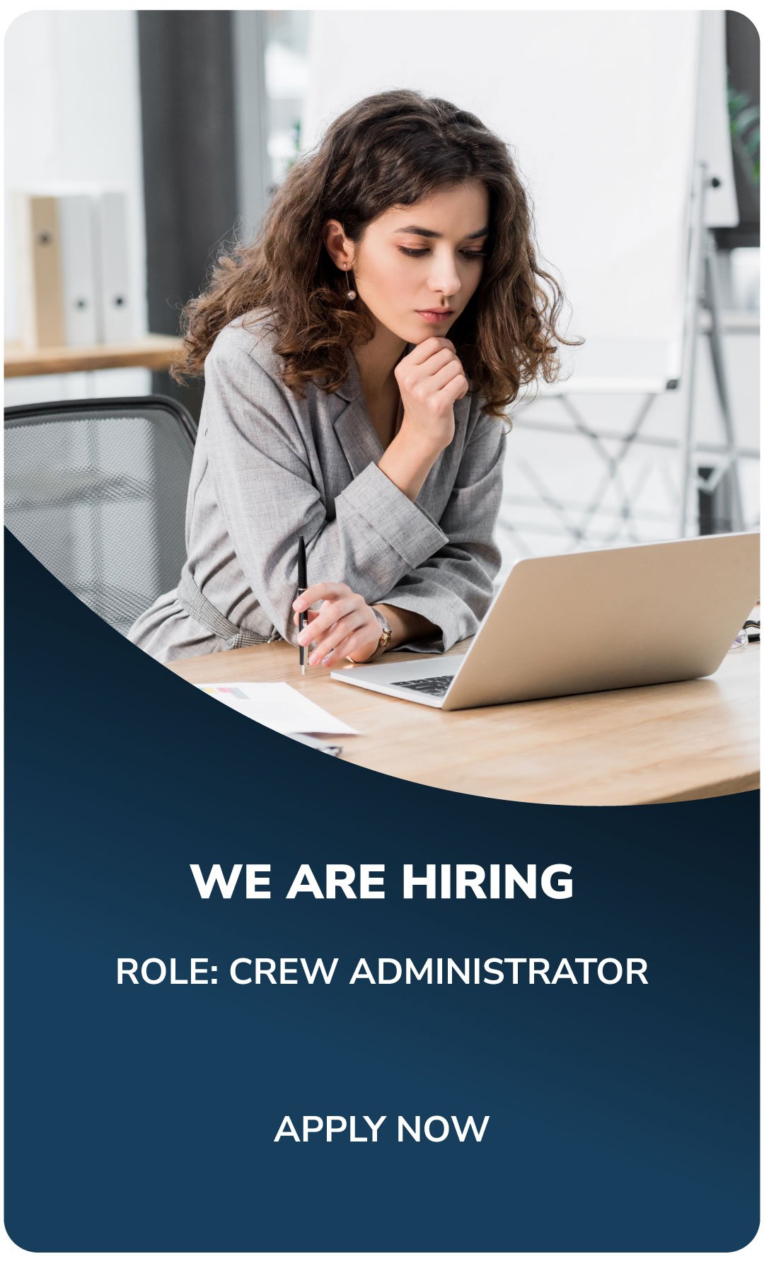 A woman sitting at a desk with a laptop and documents, contemplating, in an office setting. Overlaid text announces a job opening for a crew administrator, inviting applications.