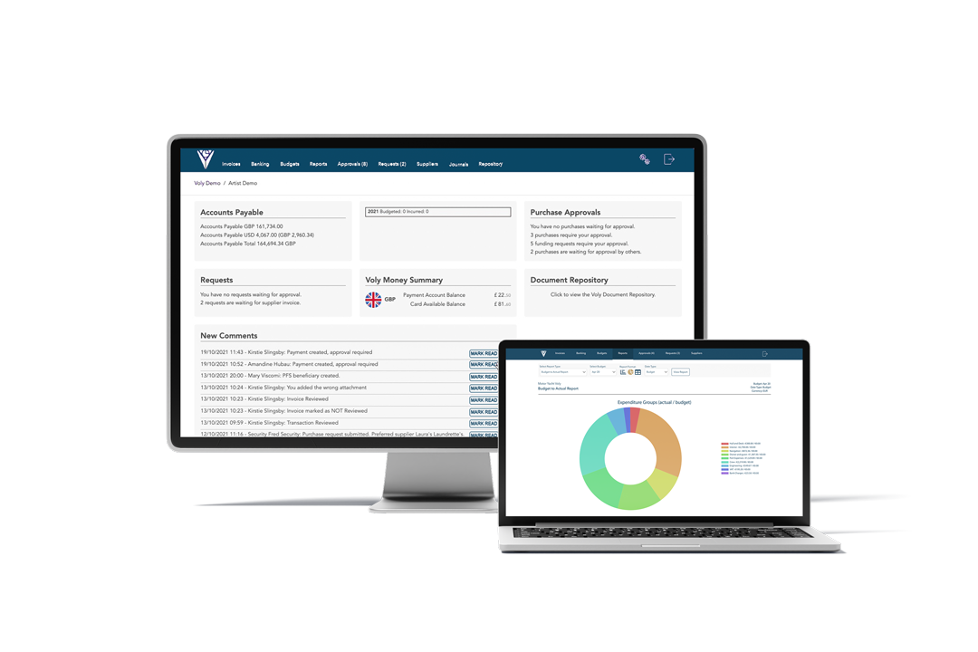 Computer monitor displaying financial software with account details, requests, and document repository; laptop showing a budget pie chart.