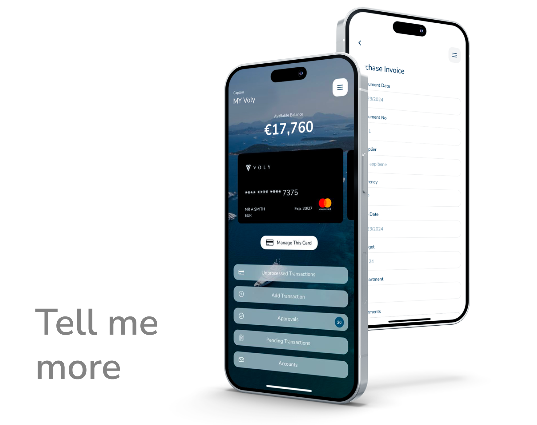 Mobile banking app displaying a digital card balance of €17,760, with options to manage the card and view transactions, alongside a secondary screen showing invoice details, set against a white background with the text 'Tell me more' in gray.